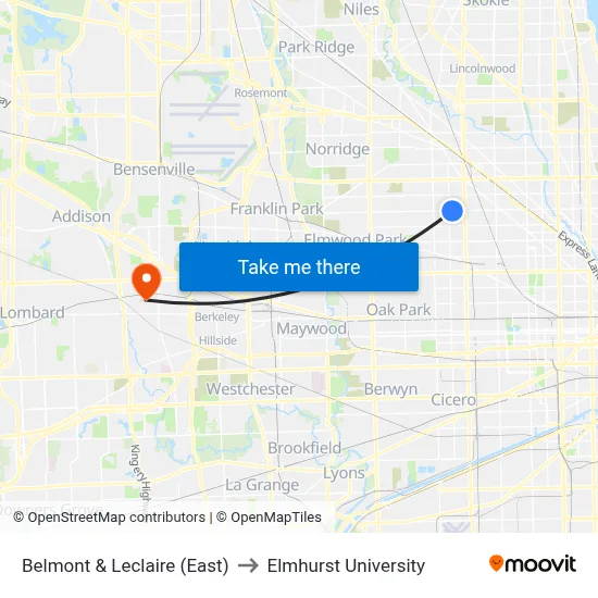 Belmont & Leclaire (East) to Elmhurst University map