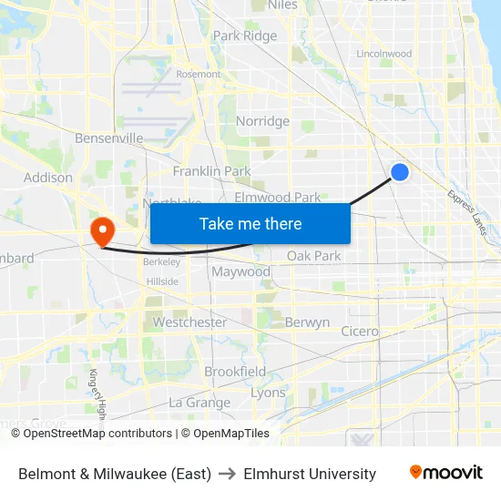 Belmont & Milwaukee (East) to Elmhurst University map