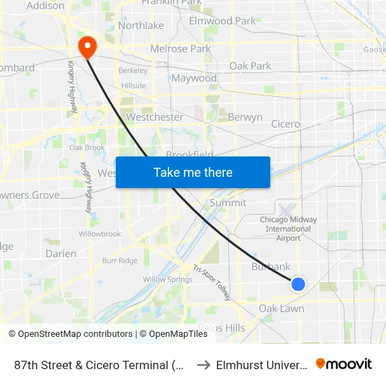 87th Street & Cicero Terminal (West) to Elmhurst University map