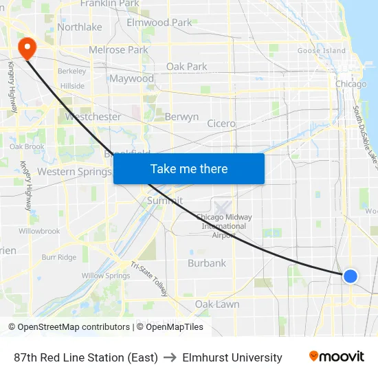 87th Red Line Station (East) to Elmhurst University map