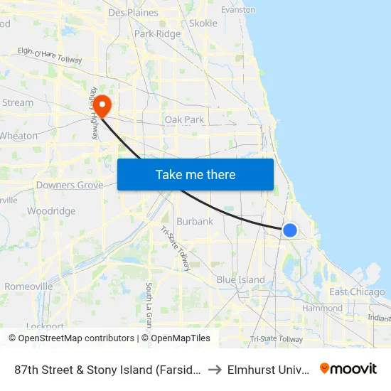 87th Street & Stony Island (Farside) (East) to Elmhurst University map