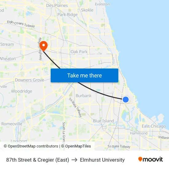 87th Street & Cregier (East) to Elmhurst University map