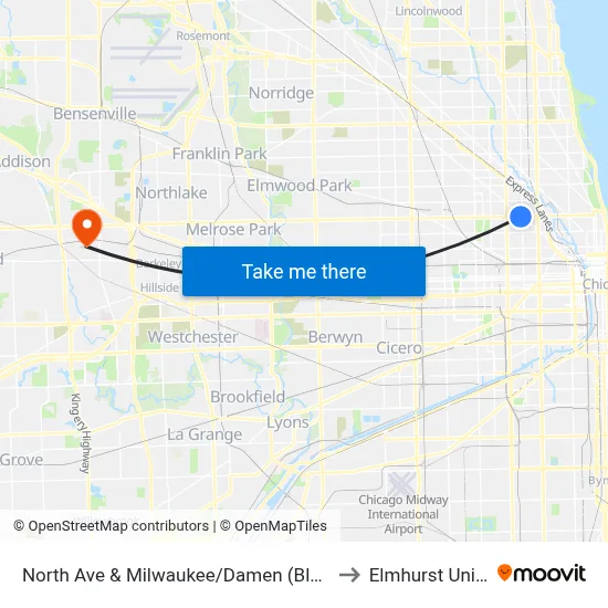 North Ave & Milwaukee/Damen (Blue Line) (West) to Elmhurst University map