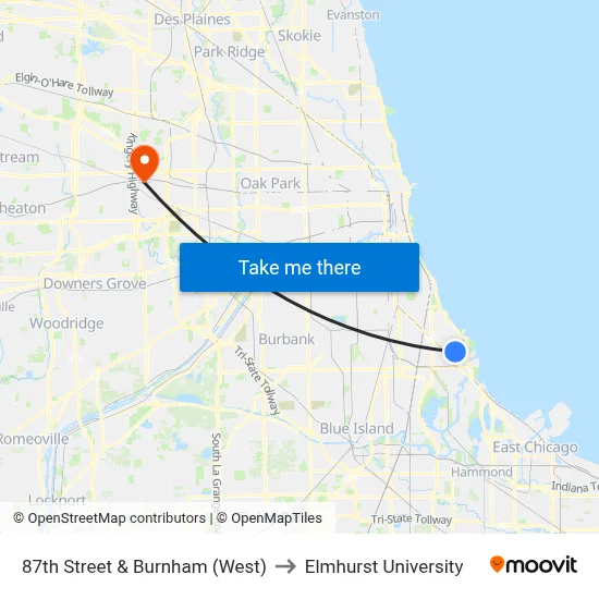 87th Street & Burnham (West) to Elmhurst University map
