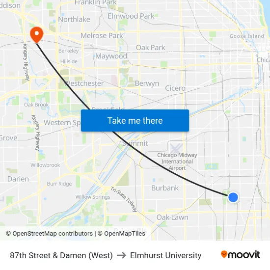 87th Street & Damen (West) to Elmhurst University map