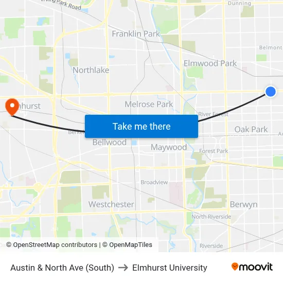 Austin & North Ave (South) to Elmhurst University map