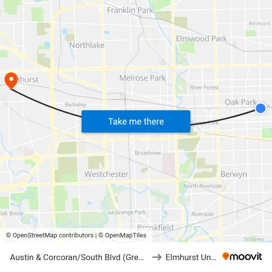 Austin & Corcoran/South Blvd (Green Line) (North) to Elmhurst University map