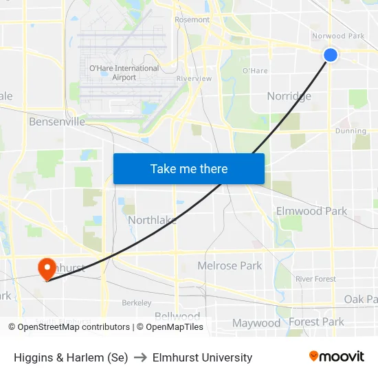 Higgins & Harlem (Se) to Elmhurst University map