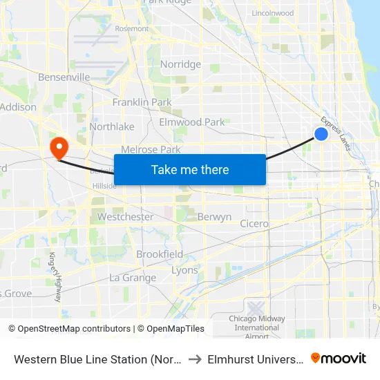 Western Blue Line Station (North) to Elmhurst University map
