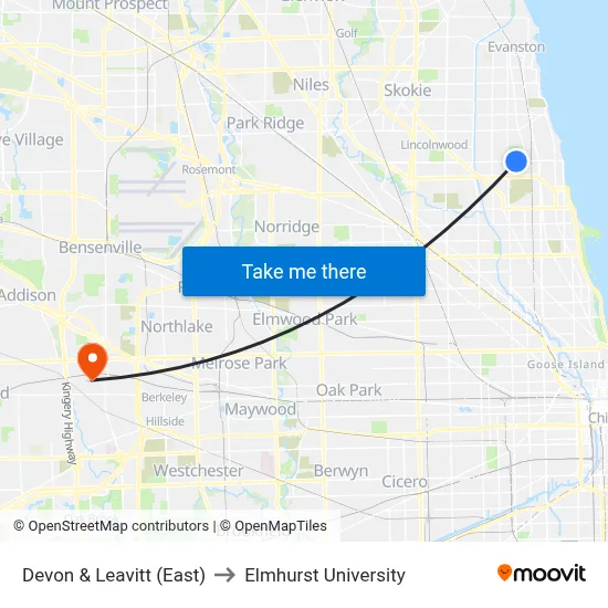 Devon & Leavitt (East) to Elmhurst University map