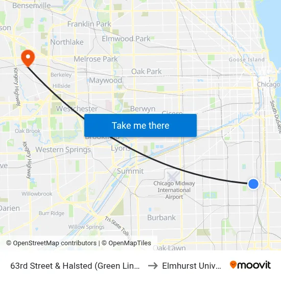 63rd Street & Halsted (Green Line) (East) to Elmhurst University map