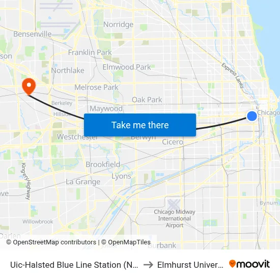 Uic-Halsted Blue Line Station (North) to Elmhurst University map