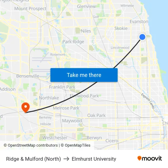 Ridge & Mulford (North) to Elmhurst University map