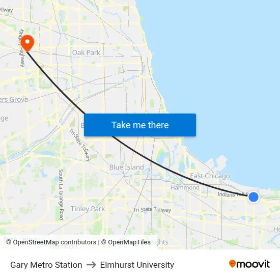 Gary Metro Station to Elmhurst University map