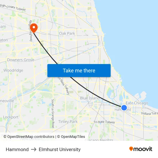 Hammond to Elmhurst University map