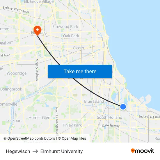 Hegewisch to Elmhurst University map
