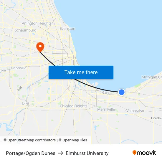 Portage/Ogden Dunes to Elmhurst University map