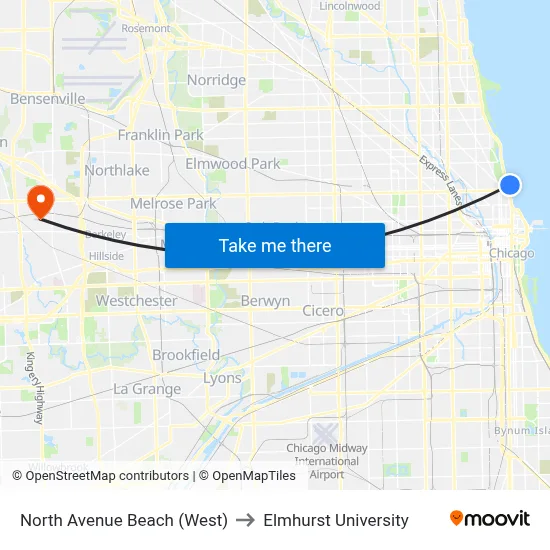 North Avenue Beach (West) to Elmhurst University map