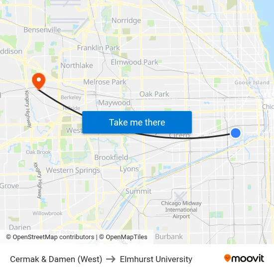 Cermak & Damen (West) to Elmhurst University map