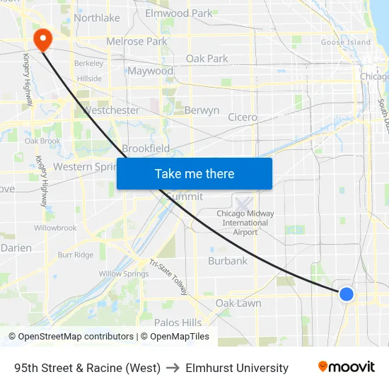95th Street & Racine (West) to Elmhurst University map
