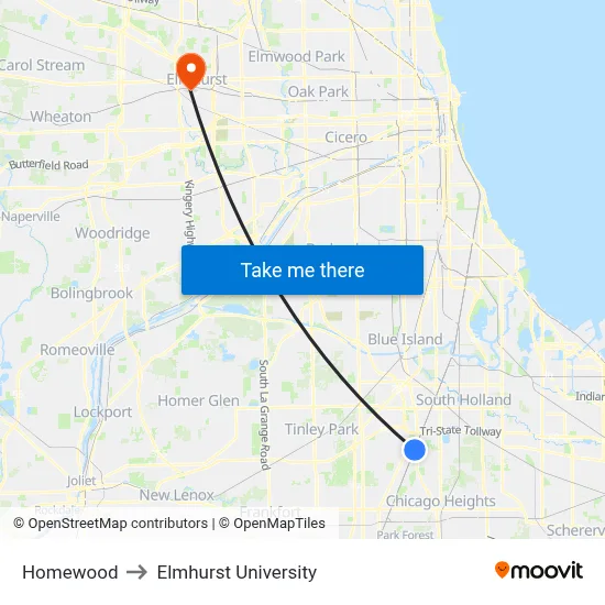 Homewood to Elmhurst University map