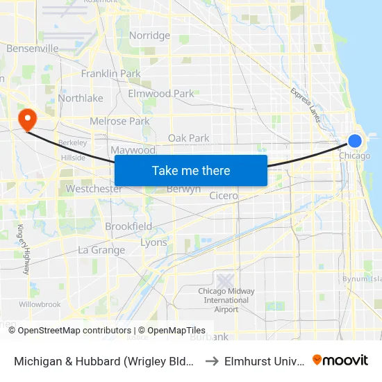 Michigan & Hubbard (Wrigley Bldg.) (South) to Elmhurst University map