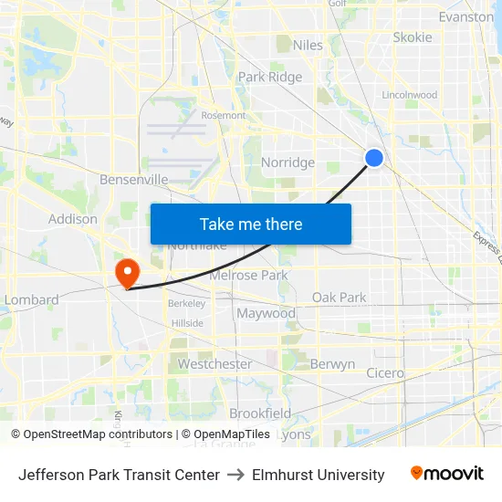 Jefferson Park Transit Center to Elmhurst University map