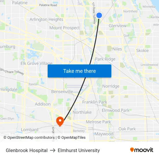 Glenbrook Hospital to Elmhurst University map
