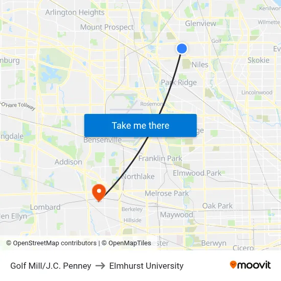 Golf Mill/J.C. Penney to Elmhurst University map