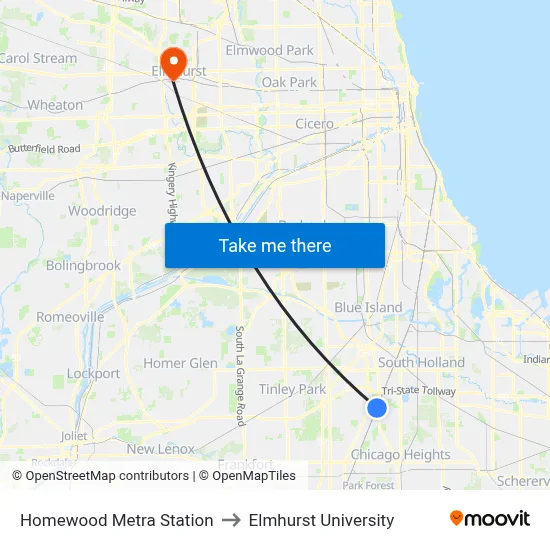 Homewood Metra Station to Elmhurst University map