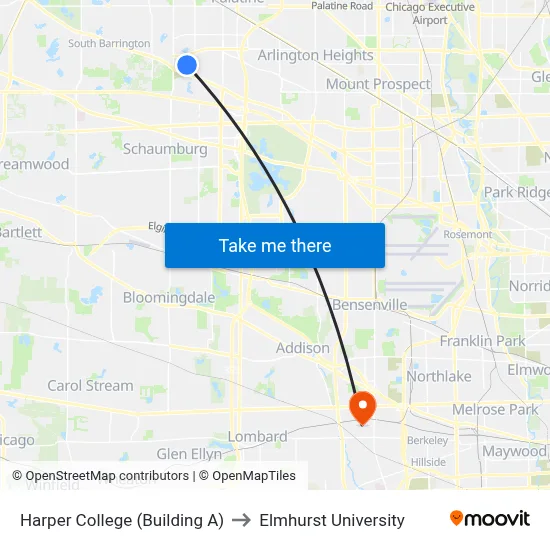 Harper College (Building A) to Elmhurst University map