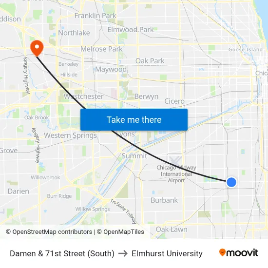 Damen & 71st Street (South) to Elmhurst University map