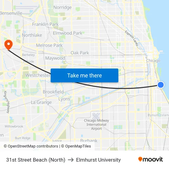 31st Street Beach (North) to Elmhurst University map