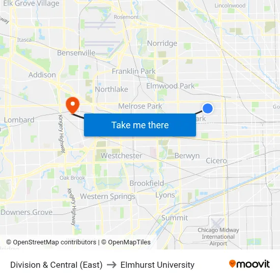 Division & Central (East) to Elmhurst University map