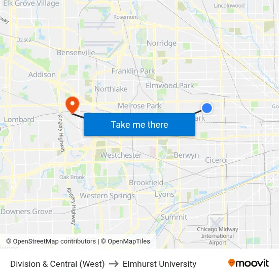 Division & Central (West) to Elmhurst University map