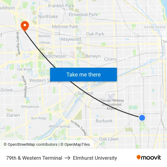 79th & Western Terminal to Elmhurst University map