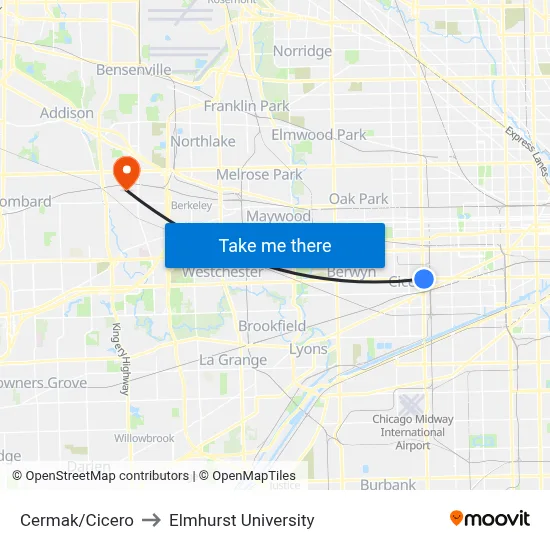 Cermak/Cicero to Elmhurst University map