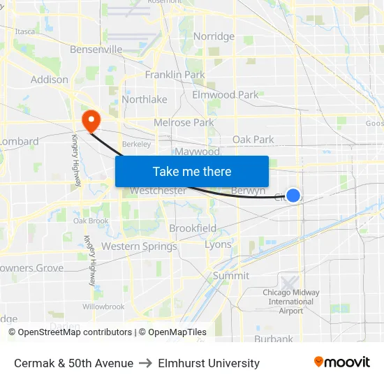 Cermak & 50th Avenue to Elmhurst University map
