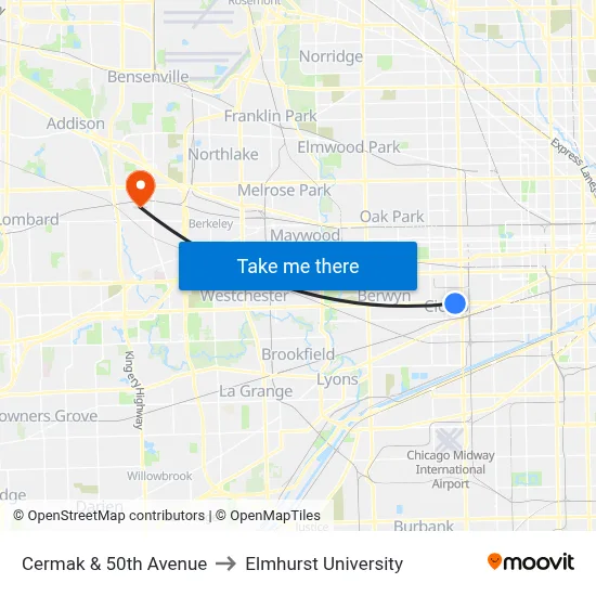 Cermak & 50th Avenue to Elmhurst University map