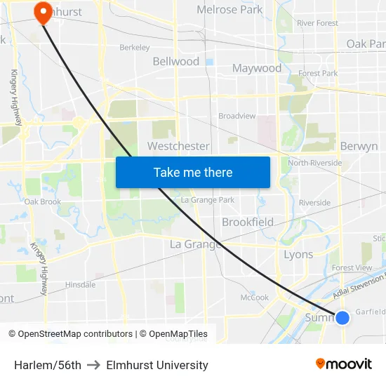 Harlem/56th to Elmhurst University map