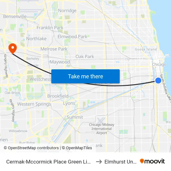Cermak-Mccormick Place Green Line Station (East) to Elmhurst University map