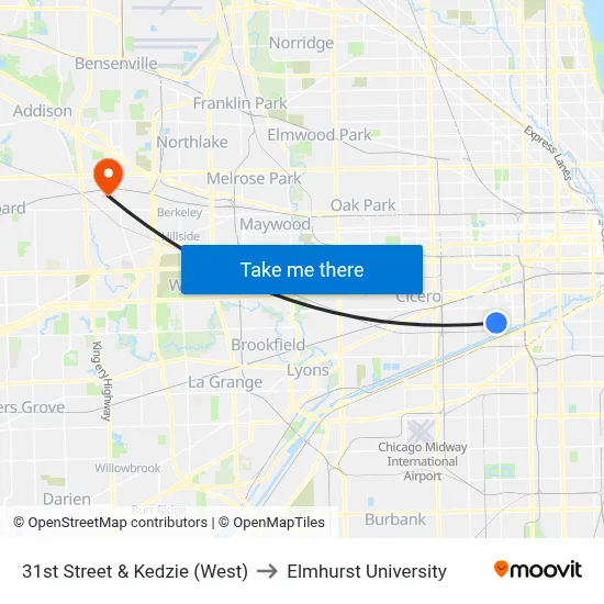 31st Street & Kedzie (West) to Elmhurst University map