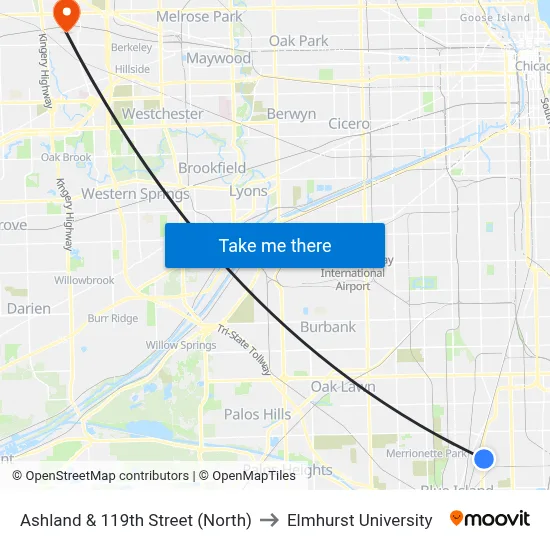 Ashland & 119th Street (North) to Elmhurst University map