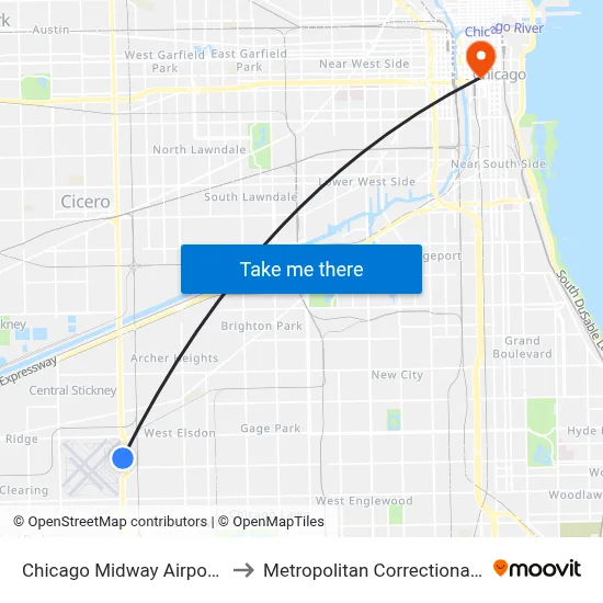 Chicago Midway Airport MDW to Metropolitan Correctional Center map