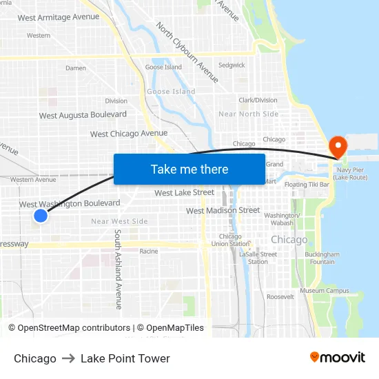 Chicago to Lake Point Tower map