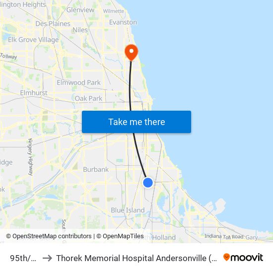 95th/Dan Ryan to Thorek Memorial Hospital Andersonville (Formerly Methodist Hospital Of Chicago) map