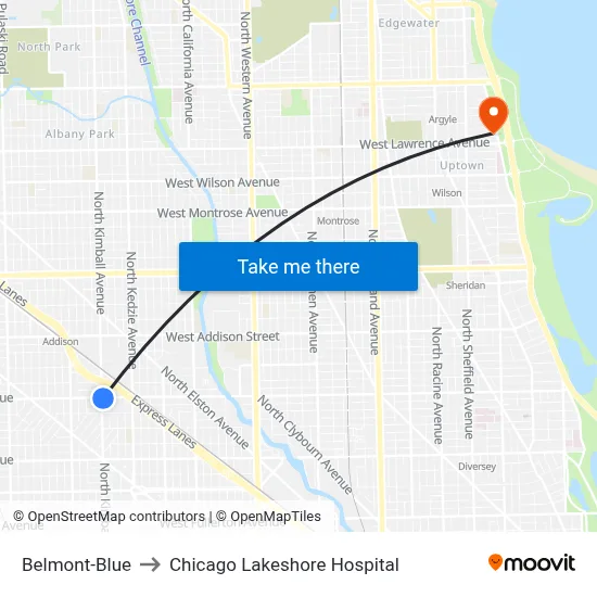 Belmont-Blue to Chicago Lakeshore Hospital map