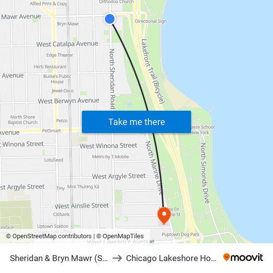 Sheridan & Bryn Mawr (South) to Chicago Lakeshore Hospital map