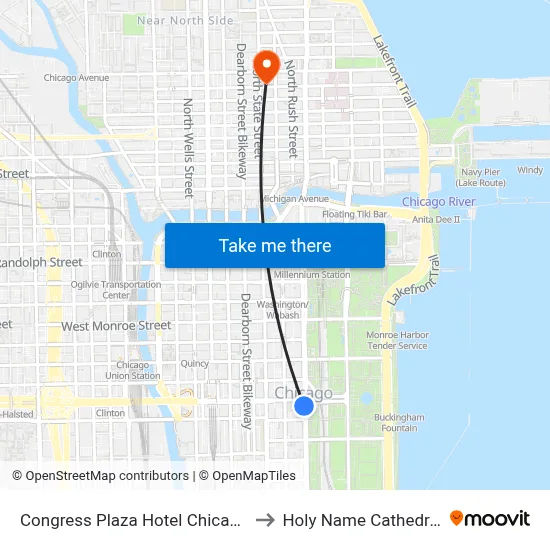 Congress Plaza Hotel Chicago to Holy Name Cathedral map