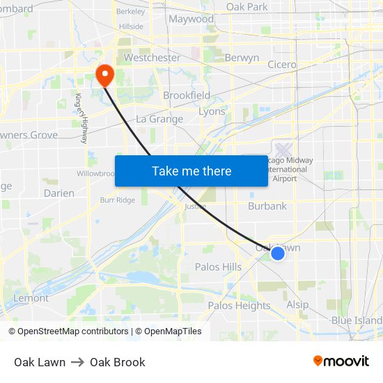 Oak Lawn to Oak Brook map